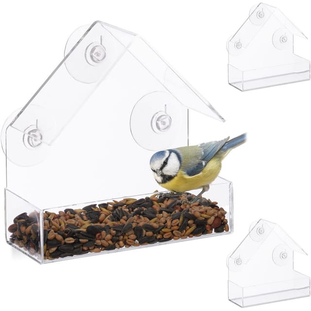 3er Set Fenster-Vogelfutterhaus, für Wildvögel, 3 Saugnäpfe, Futterstation mit Dach, HBT: 15 x 15 x 7 cm, transparent
