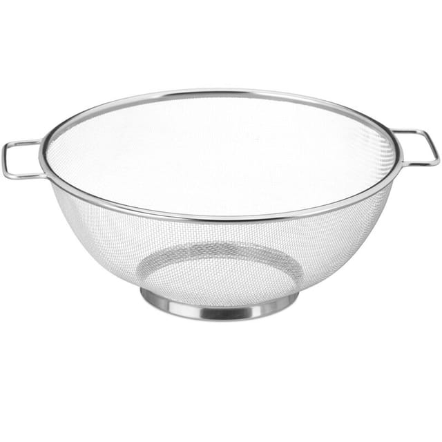 10er Set Standsieb Edelstahl, feinmaschiger Seiher mit Griffen und Ringsockel, spülmaschinenfest, 26cm ø, silber