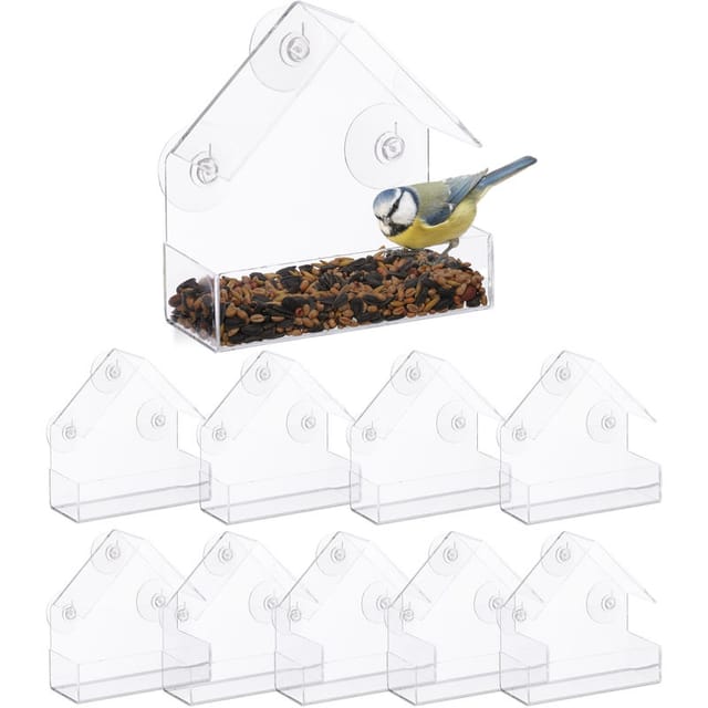 10er Set Fenster-Vogelfutterhaus, für Wildvögel, 3 Saugnäpfe, Futterstation mit Dach, HBT: 15 x 15 x 7 cm, transparent