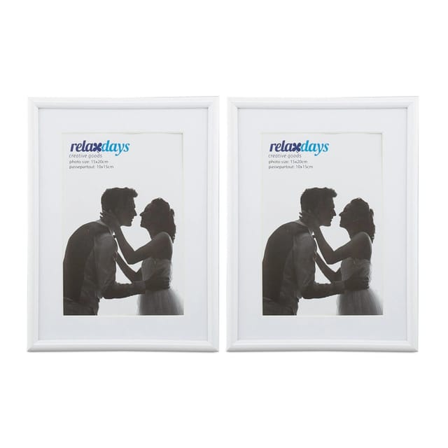 Relaxdays Bilderrahmen 2er Set, 15x20 cm, Passepartout 10x15 cm, Glasscheibe, Fotorahmen zum Stellen & Hinhängen, weiß
