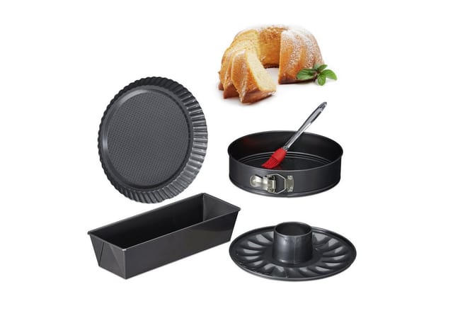 Backform Set 5-teilig, 26er Springform mit Rohrboden, Kastenform, Obstbodenform, Backpinsel, Stahl, anthrazit - Relaxdays
