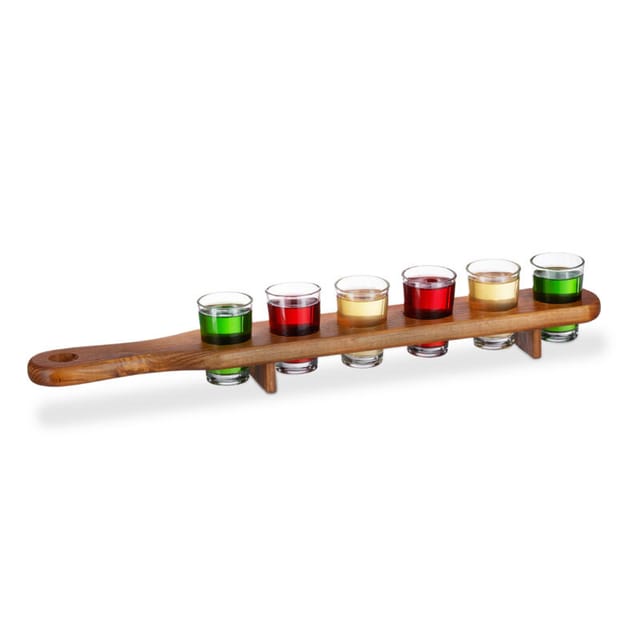 2 x Schnapsbrett Holz, 12 Schnapsgläser, 4 cl, praktische Schnapslatte, halber Meter, Geschenkidee, Shotbrett, braun