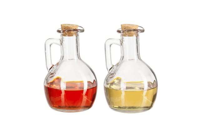 Relaxdays Öl- & Essigkanne 2er Set, Glasflaschen mit Korken, runde Ölfläschchen für Öl & Essig, je 180 ml, transparent
