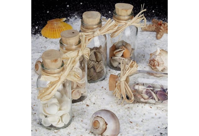 Muschel Deko Fläschchen, 5er Set Muschel-Mix, maritime Bad Dekoration, Sea shells, Mini Glasflaschen, natur - Relaxdays