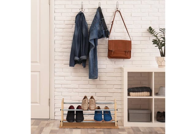 Relaxdays - Schuhregal ausziehbar, offener Schuhständer mit 2 Ebenen, Holz & Eisen, erweiterbar bis 118 cm Breite, natur