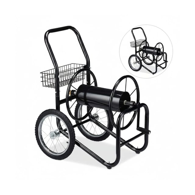 Schlauchwagen, bis 90 m, 2 Räder, Klickkupplung, Schlauchtrommel Metall, Schlauchabroller Garten, schwarz - Relaxdays