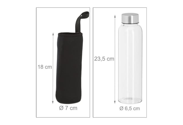 6er Set Trinkflasche Glas, Wasserflasche mit Hülle, 500ml, spülmaschinenfest, wasserdicht, transparent/schwarz - Relaxdays