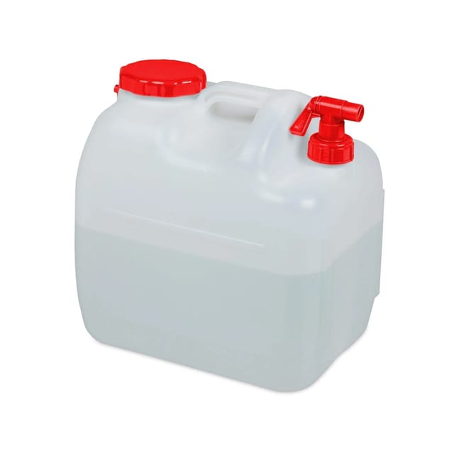 Relaxdays - Wasserkanister mit Hahn, Schraubdeckel, Trinkwasserkanister Camping, 23 l, BPA-frei, Kunststoff, weiß-rot