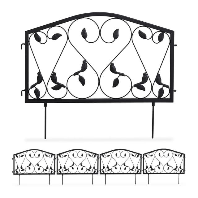 Beetzaun, 4-teilige Beetumrandung für Garten, Steckzaun Eisen, antik, Blätter Design, HxB 33 x 225 cm, schwarz - Relaxdays