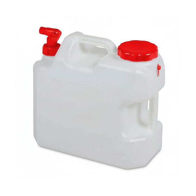 Relaxdays - Wasserkanister mit Hahn, Schraubdeckel, Trinkwasserkanister Camping, 18 l, BPA-frei, Kunststoff, weiß-rot