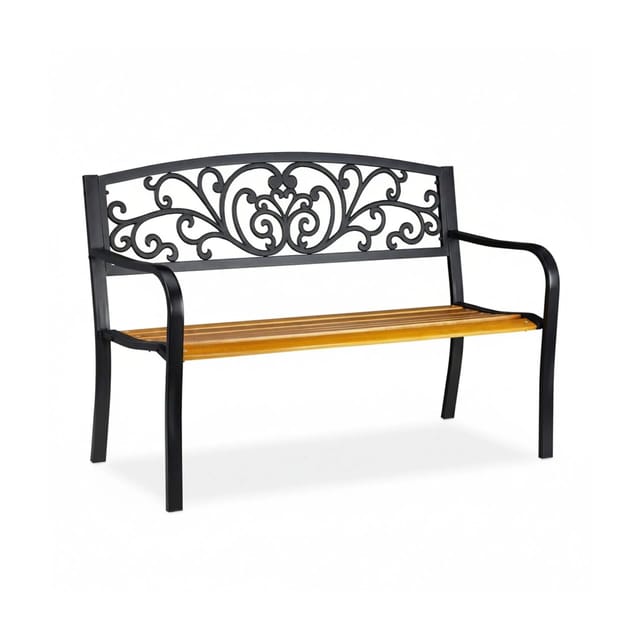 Gartenbank, 2-Sitzer, Balkon, Terrasse, Holz, Metall, rustikale Parkbank, HxBxT: 86,5x127x59 cm, braun/schwarz - Relaxdays