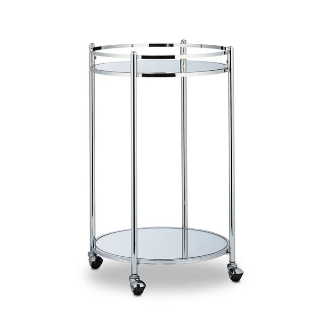 Servierwagen rund, Barwagen mit 2 Etagen, Stahl, verspiegelte Ablagen, Teewagen mit Rollen, 75 x 50 cm, silber - Relaxdays