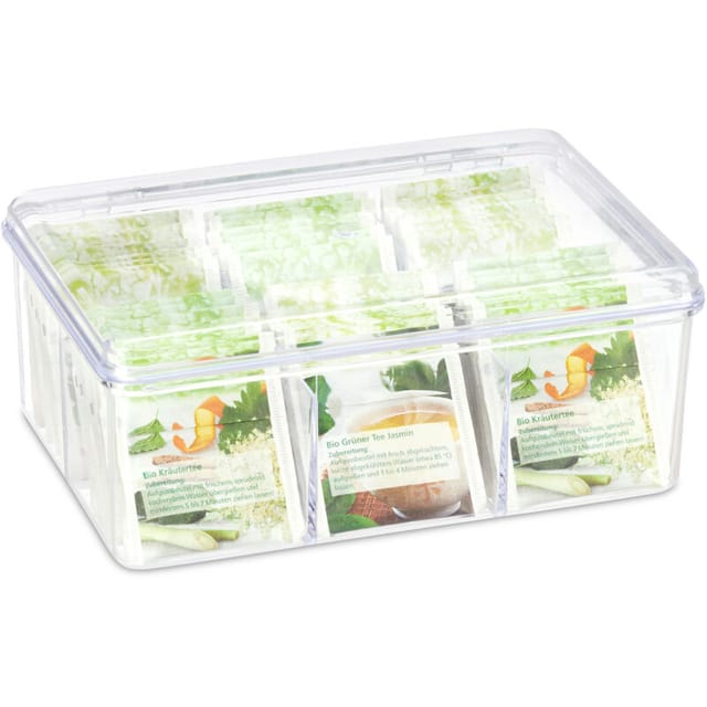 8 x Teebox, je 6 Fächer, 90 Teebeutel, Teedose mit Klappdeckel, Aromaschutz, HxBxT: 9 x 21,5 x 14,5 cm, transparent