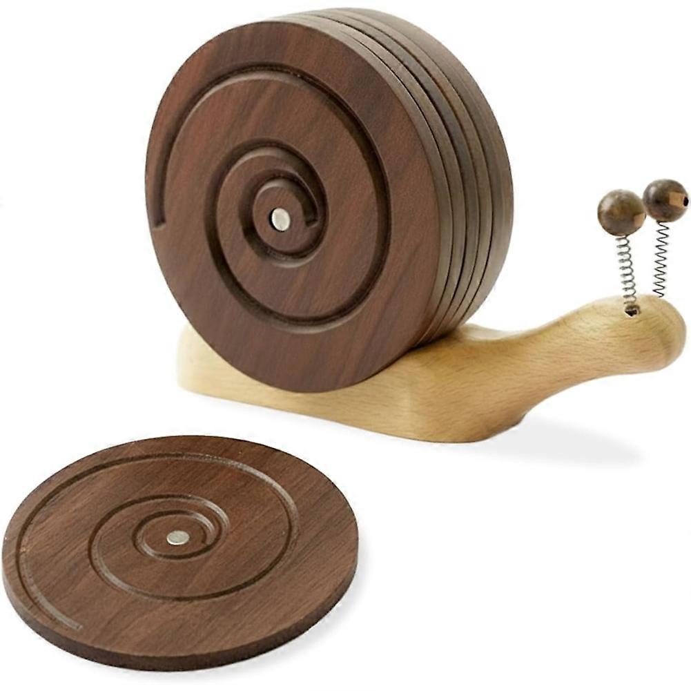 Set Mit 6 Magnetischen Holzuntersetzern In Schneckenform, Handgefertigt Und Inklusive Halterung. Optimaler Schutz Für Holztische.