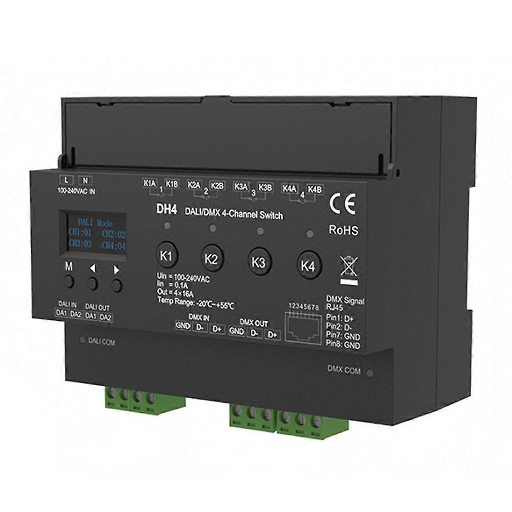 4-kanal-dmx-schalter Mit Oled-display, 4-kanal-trockenkontaktrelais, 4 Adressen, Din-schienenmontage, 100-240v Ac-netzteil.
