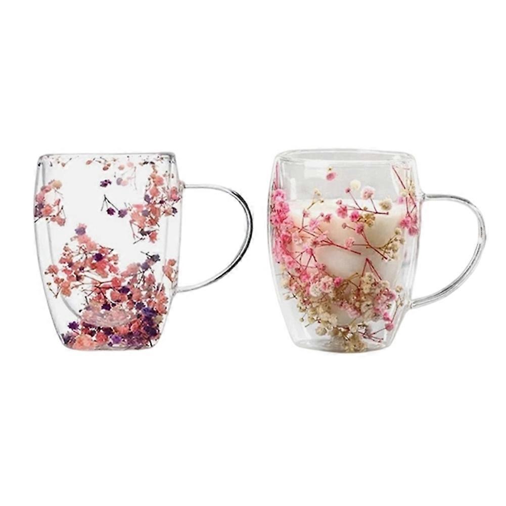 Set Aus 2 Dekorativen, Doppelwandigen Gläsern, Verziert Mit Echten Trockenblumen, Von Außergewöhnlicher Qualität (350 Ml). Ideal Für Milch, Kaffee Oder Andere Heißgetränke.