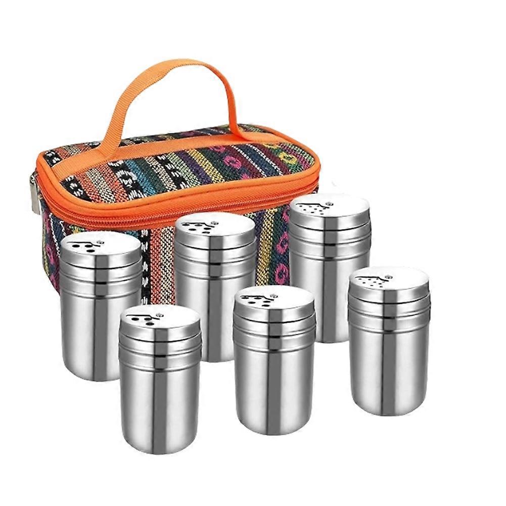 6-teiliges Gewürzset Aus Edelstahl Für Camping, Inklusive Reisetasche, Bestehend Aus Salz Und Pfeffer Für Trockene Gewürze, Zucker Und Salz.