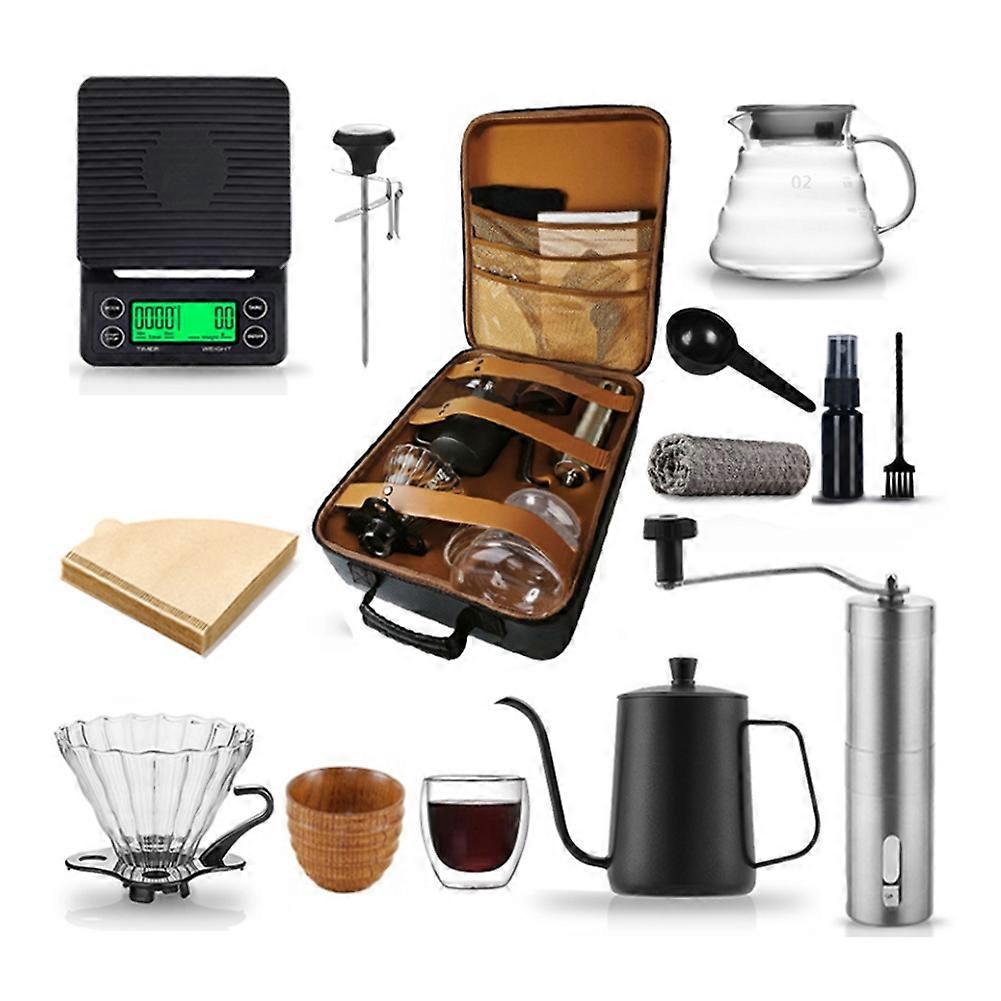 13-teiliges Reiseset Für Kaffeeliebhaber, Bestehend Aus Einer Manuellen Kaffeemühle, Einem Filterhalter, Einem Schwanenhalskessel, Einer Digitalen Waage Und Einem Papierfilter.