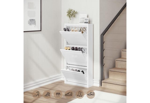 WOLTU Schuhschrank Schuhregal geschlossen, Schuhkommode mit 3 Klappen, aus Metall, für Flur Diele Wohnzimmer, 50x15x106cm, Weiß