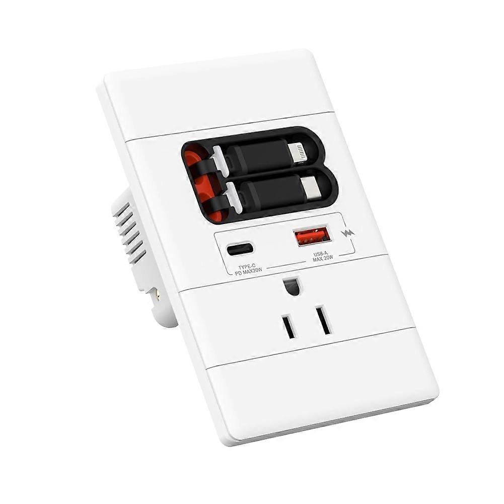 Usb-c-wandsteckdose Mit Gan-diode, Pd20w, Einziehbaren Usb-c- Und Usb-a-kabeln, Kindersicher, 15 A, 125 V