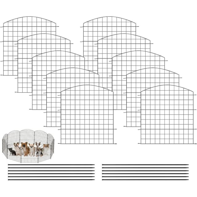 Teichzaun Steckzaun, Gartenzäune Dekorative, 10 Zaunelemente 11 Befestigungsstäbe, Zaunelemente metall, Gitterzaun Oberbogen, Zaun für Hunde, Schwarz