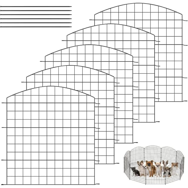 Teichzaun Steckzaun, Gartenzäune Dekorative, 5 Zaunelemente 6 Befestigungsstäbe, Zaunelemente metall, Gitterzaun Oberbogen, Zaun für Hunde, Schwarz