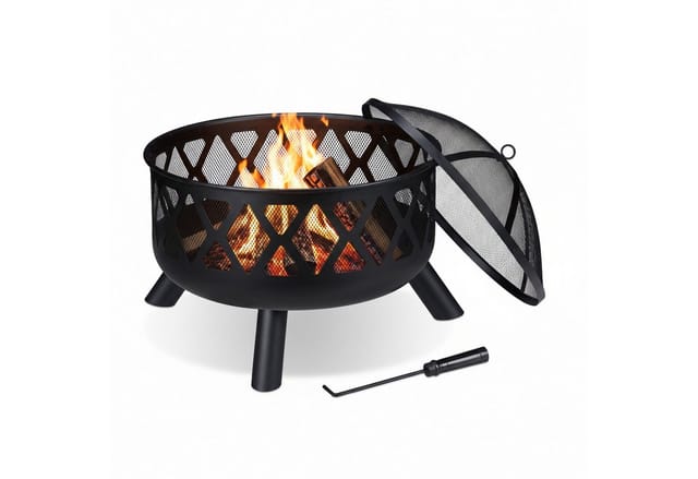 Feuerschale mit Funkenschutz, ø 62 cm, mit Schürhaken, Garten, Terrasse, Outdoor Feuerstelle, Stahl, schwarz - Relaxdays