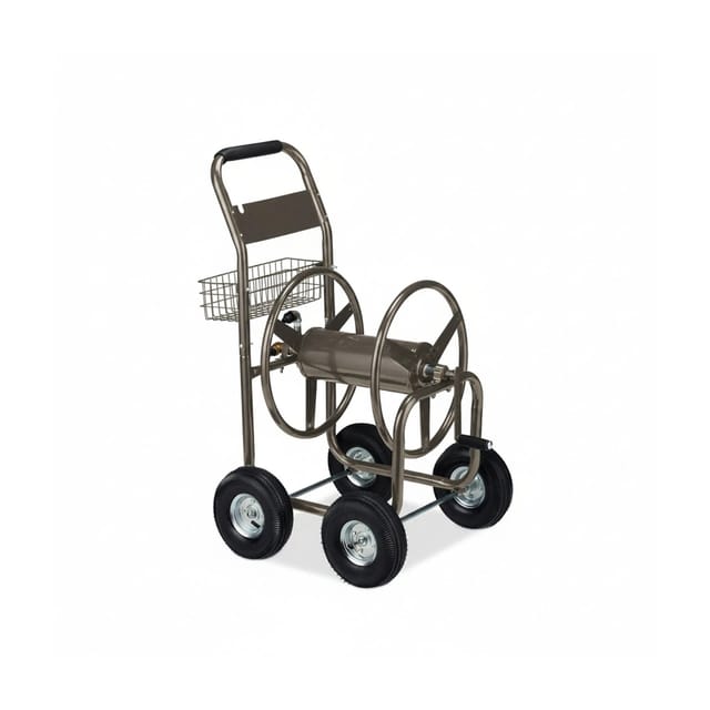 Relaxdays - Schlauchwagen, bis 90 m, 4 Luftreifen, Klickkupplung, Schlauchtrommel Metall, Schlauchabroller mit Korb, braun