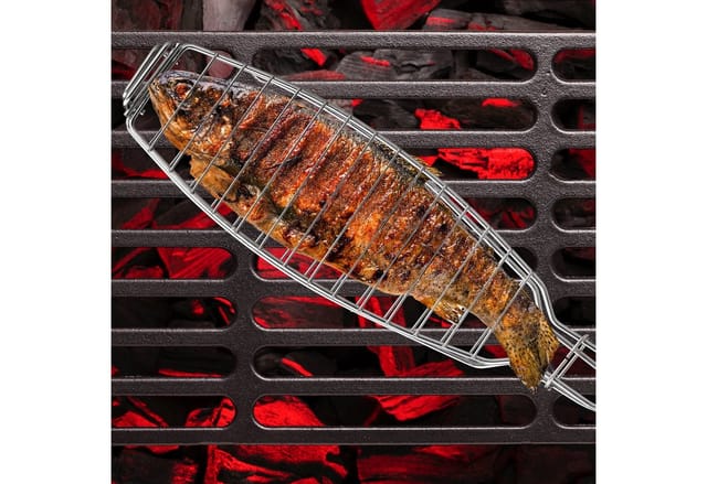 Fischbräter 2er Set, Edelstahl, Gummigriff, 58,5 cm lang, Fischhalter zum Grillen, Grillkorb Fisch, silber - Relaxdays