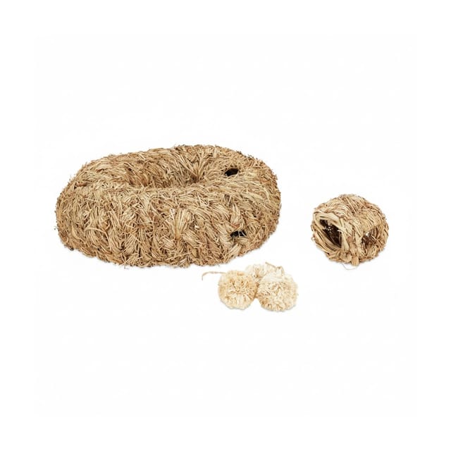 Relaxdays Hamster Zubehör Set 5 tlg., Hamstertunnel, Grasnest & 3 Bälle, Stroh/Gras, Käfigzubehör Nager, Mäuse, natur