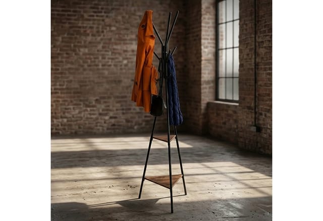 Relaxdays - Garderobenständer industrial, hbt 181,5 x 50 x 43 cm, Jackenständer mit 2 Ablagen, Metall & mdf, schwarz/braun