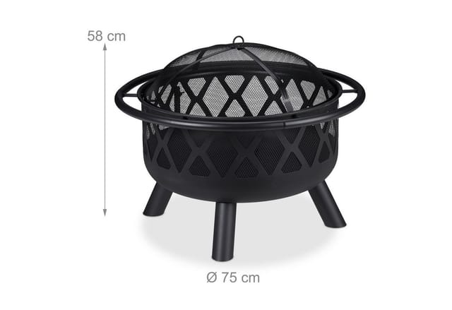 Feuerschale mit Grillrost, Funkenschutz & Schürhaken, ø 75 cm, Stahl, Feuerstelle Garten & Terrasse, schwarz - Relaxdays