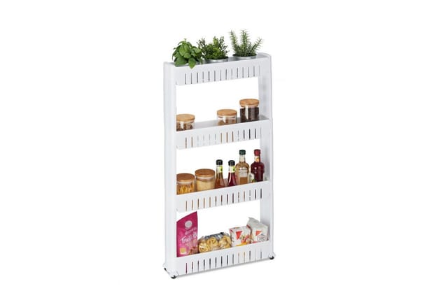Nischenwagen, 4 Ablagen, schmales Nischenregal für Bad & Küche, hbt 101x12,5x54 cm, Rollregal Kunststoff, weiß - Relaxdays