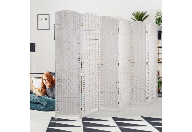 Relaxdays - Paravent Raumteiler, HxB: 170 x 240 cm, faltbarer Raumtrenner, 6-teiliger Sichtschutz, Holz & Papierseil, weiß