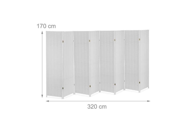 Paravent Raumteiler, HxB: 170 x 320 cm, faltbarer Raumtrenner, 8-teiliger Sichtschutz, Holz & Papierseil, weiß - Relaxdays