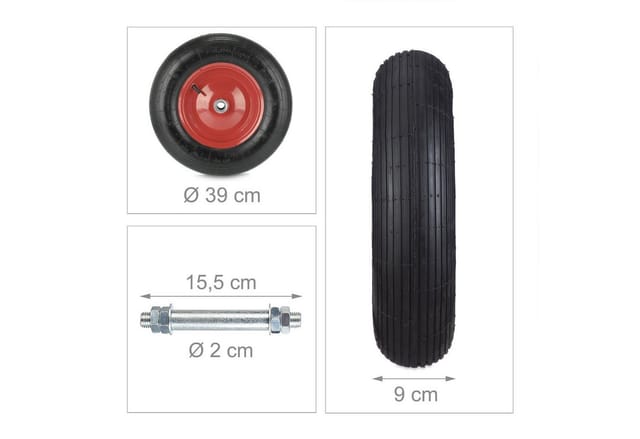 Relaxdays Schubkarrenrad 4.80 4.00-8, luftbereift, Stahlfelge, mit Achse, 4 PR Ersatzrad Schubkarre, 120 kg, schwarz/rot