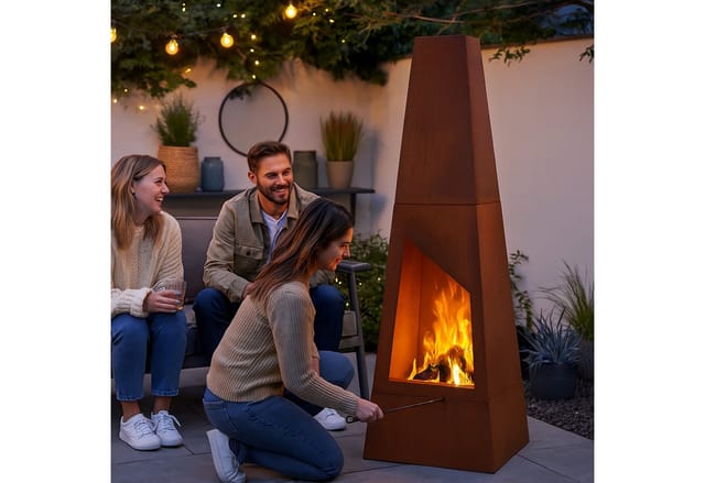 Relaxdays Gartenkamin Cortenstahl, Aschekasten, Feuerrost & Schürhaken, Edelrost Terrassenofen, HBT: 149x45x45cm, braun