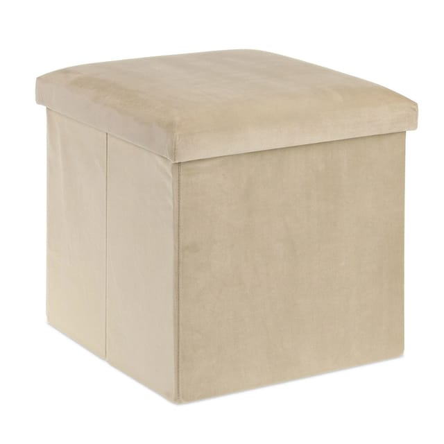 Relaxdays Sitzhocker, Sitzwürfel mit Stauraum, HBT: 38 x 38 x 38 cm, faltbar, Aufbewahrungshocker aus MDF & Samt, creme