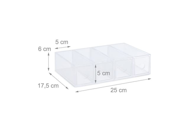 Relaxdays - Schubladenbox Kunststoff, HxBxT: 6 x 25 x 17,5 cm, Hoch- & Querformat, Schubladenelement 4 Fächer, transparent