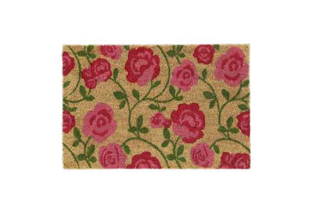 Relaxdays Fußmatte Kokos, Rosen-Motiv, Fußabtreter 40x60 cm, Türvorleger innen & außen, rutschfest, Türmatte, pink/natur
