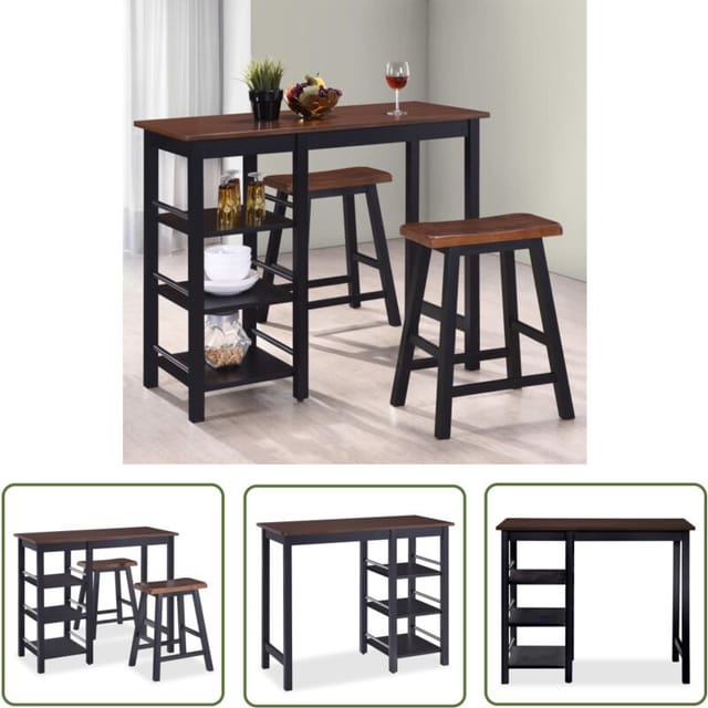 The Living Store Bar Set 3 Stück mdf Schwarz - Esszimmerstuhl - Barhocker - Holztisch - Kolonialstil - MDF-Tisch