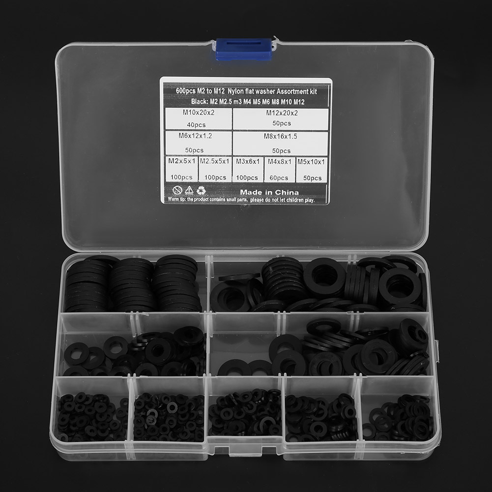 600-teiliges Set Schwarzer Nylon-unterlegscheiben Und Dichtungen, M2-m12, 9 Größen, Hardware-zubehör
