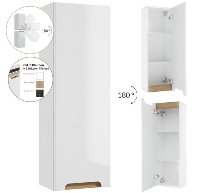 Lomadox - Badezimmer Hängeschrank / Hochschrank drehbar um 180° SOFIA-107 in weiß, Hochglanz lackiert, b/h/t: 30/90/22 cm