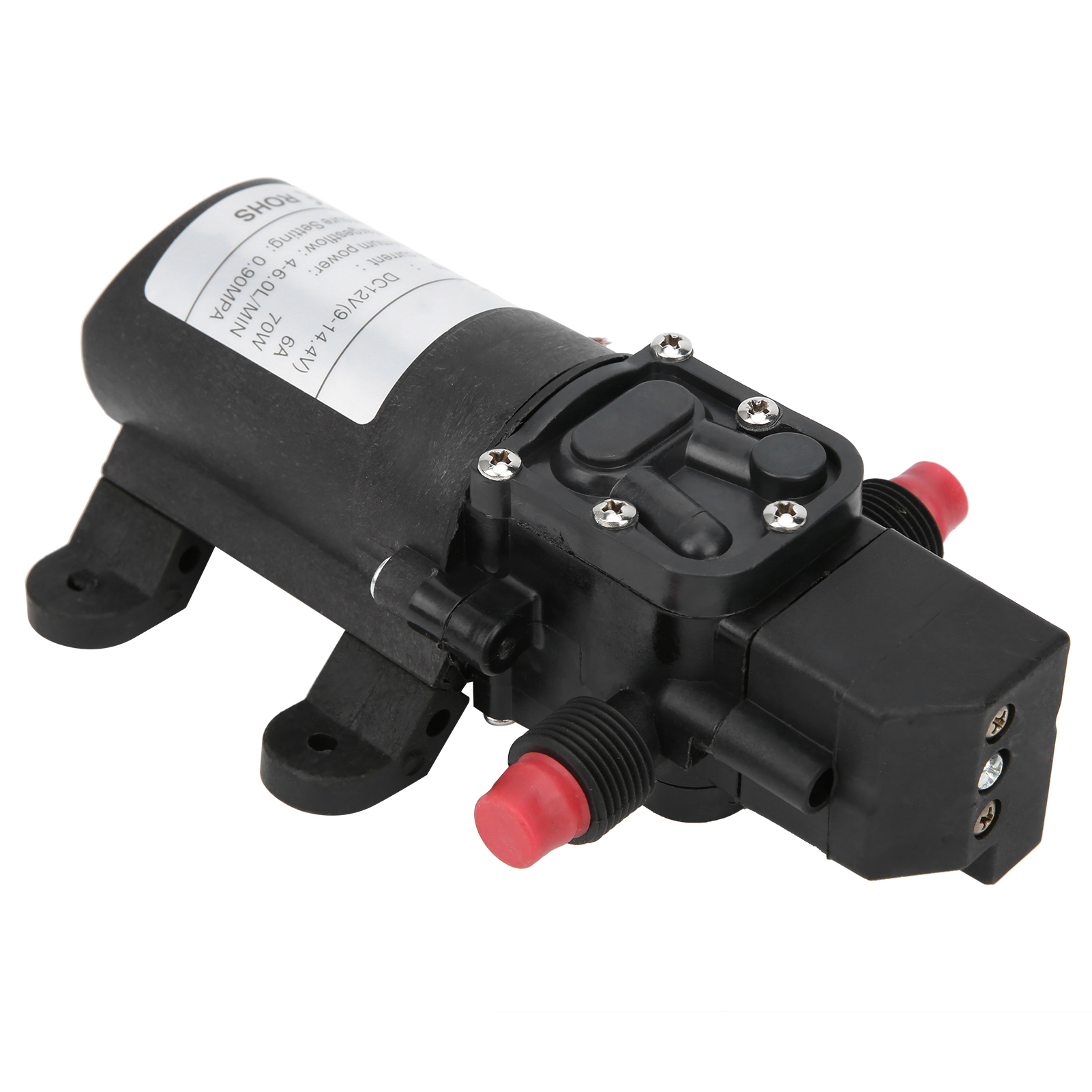 Mini-membranwasserpumpe, 2-wege-gewinde, Rechter Auslass, 6,0 L/min, 0,9 Mpa, G1/2 Zoll, 72 W, 12 V