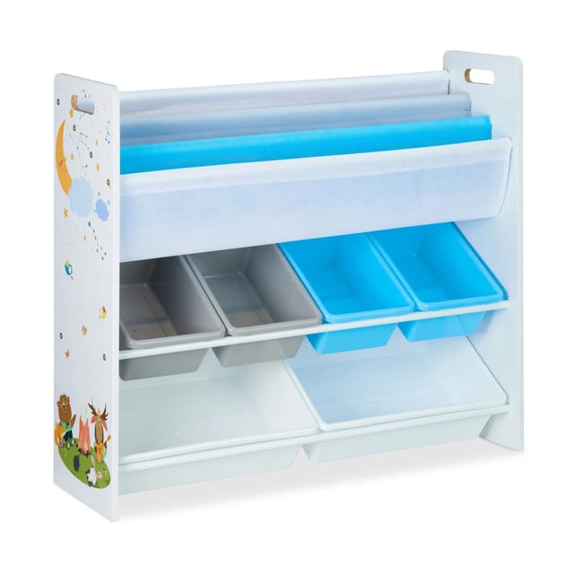 Kinderregal, 6 Boxen, 4 Stofffächer, Lagerfeuer Kindermotiv, Spielzeugregal HxBxT: 78 x 86 x 26,5 cm, bunt - Relaxdays