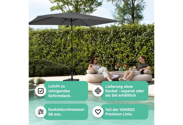 Vonroc - Sonnenschirm Rapallo 200x300cm – Premium-Sonnenschirm, rechteckig Grau