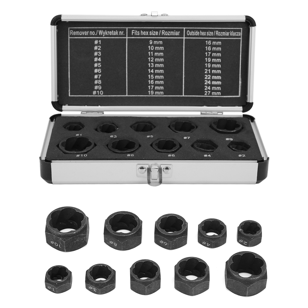 10-teiliges Schraubenausdreher-set Aus Schwarzem Stahl Für Beschädigte Muttern Und Bolzen Mit Aluminiumbox