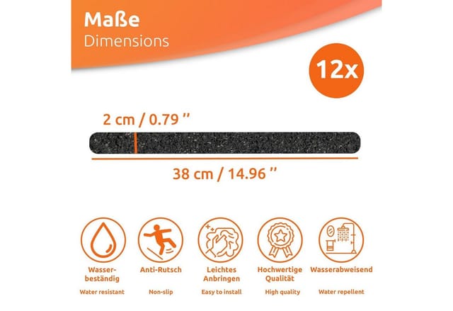 Ecence - 12x Schwarz Anti-Rutsch-Streifen Aufkleber Dusche Badewanne Treppe selbstklebend