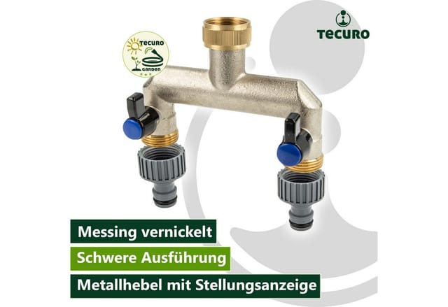 2-Wege Verteilerstück 3/4 Zoll (dn 15) mit Steckkupplung, einzeln absperrbar, Messing vernickelt - Tecuro