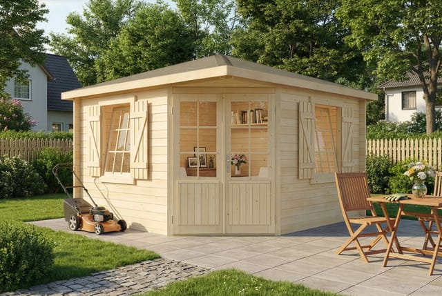 5-Eck Gartenhaus Monica Royal Gartenhaus aus Holz, Holzhaus mit 28 mm Wandstärke, Blockbohlenhaus mit Montagematerial - Alpholz